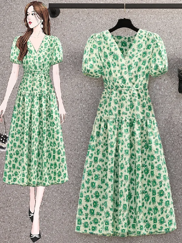 Plus Size Korean Green Wrap V Neck Midi Dress