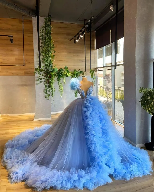 Limited Time Offer A Line Blue Ling Ball Gown Prom Dresses