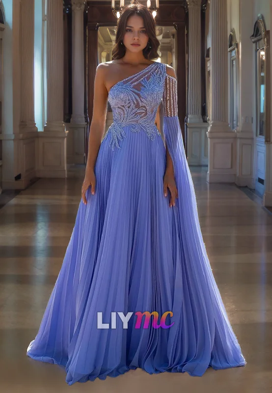 Clearance Event LP1097 - A Line One Shoulder Beads Long Formal Prom Dress