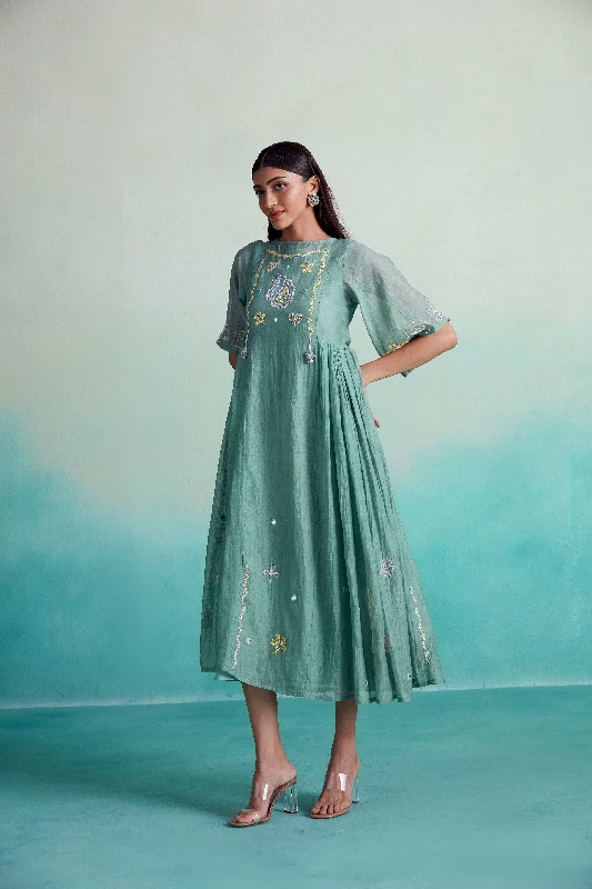 Deal Dash Enchantmint dress - Mint Hand embroidered gathered Dress