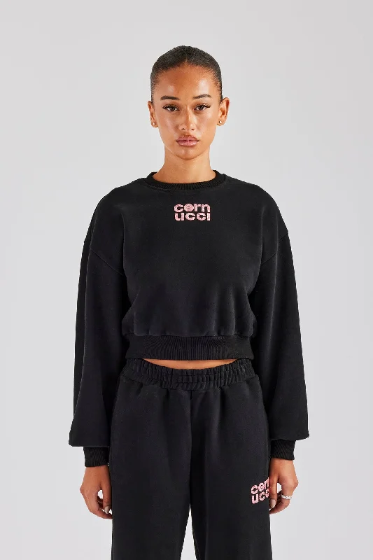 Special Price Glitter Applique Cropped Sweatshirt - Black