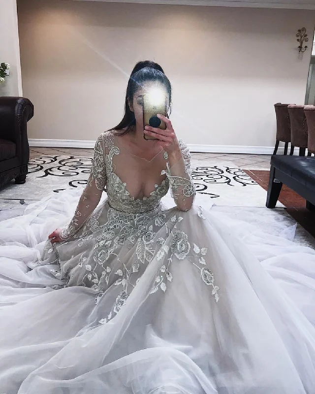 Referral Discount Illusion Neckline Unique Appliques Long Sleeve A-Line Wedding Dress JKD2005