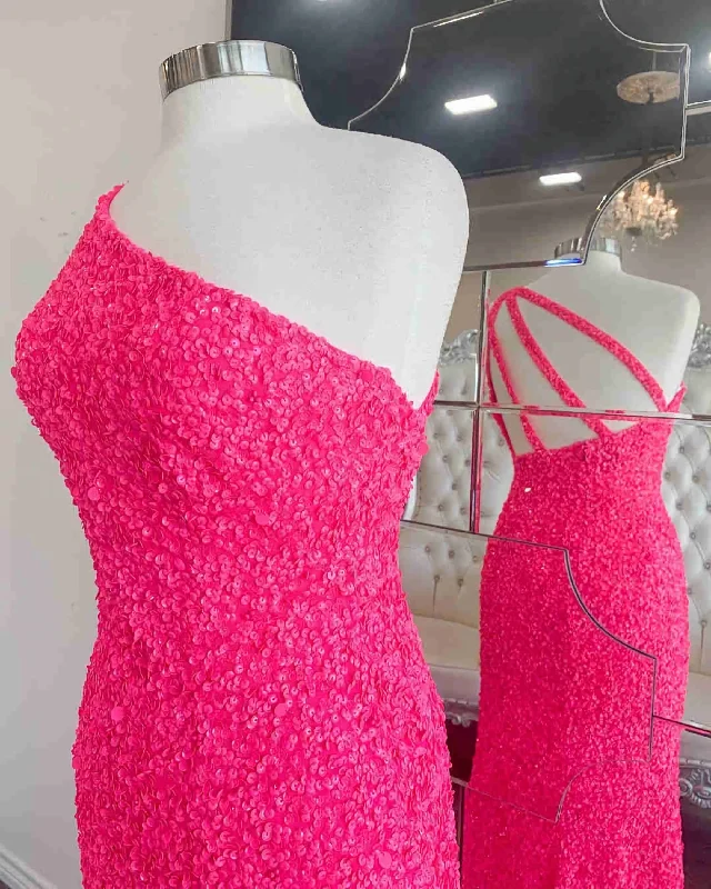 Final Clearance 2024 One Shoulder Hot Pink Sequined Prom Dress
