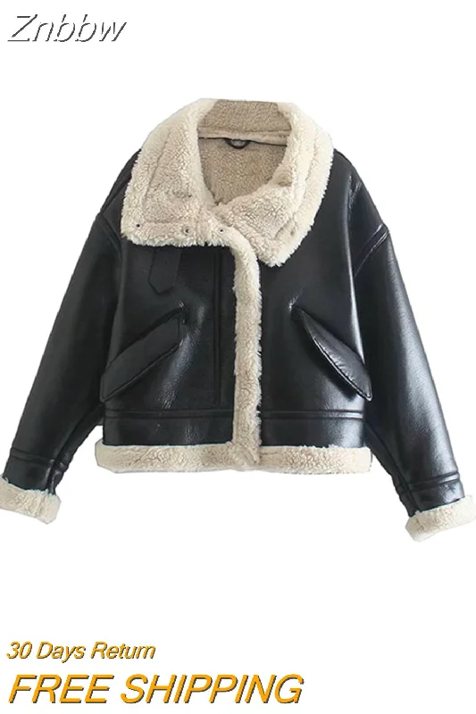 Znbbw Women Streetwear Faux Lamb Leather Fur Lapel Crop Jacket Autumn Female Moto Biker Thick Warm Sheepskin Outwear Coat