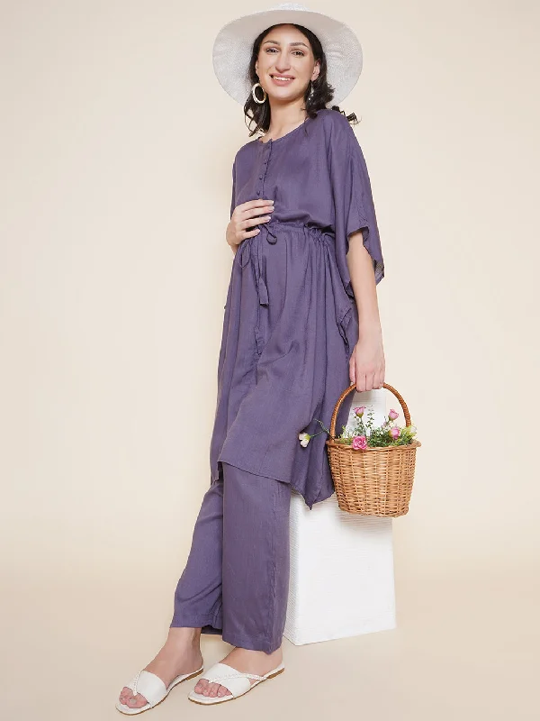 Online Exclusive Purple Grey Maternity and Nursing Kaftaan Set