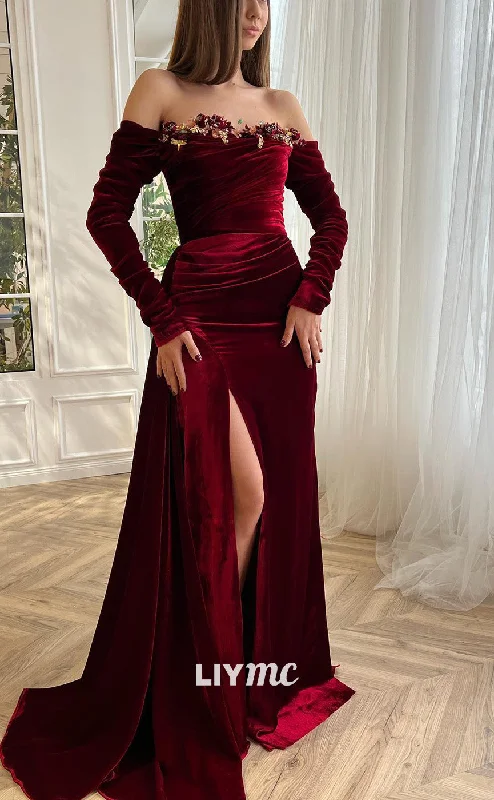 Price Drop LP2191 - Off-Shoulder Long Sleeves Sheath High Slit Prom Dress