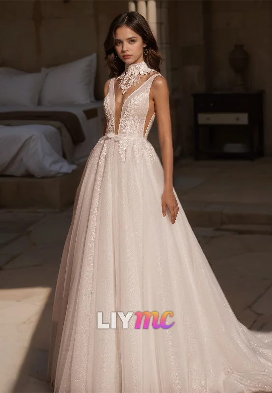 Loyalty Reward V-Neck Sleeveless Appliques A-Line Ball Gown Wedding Dress