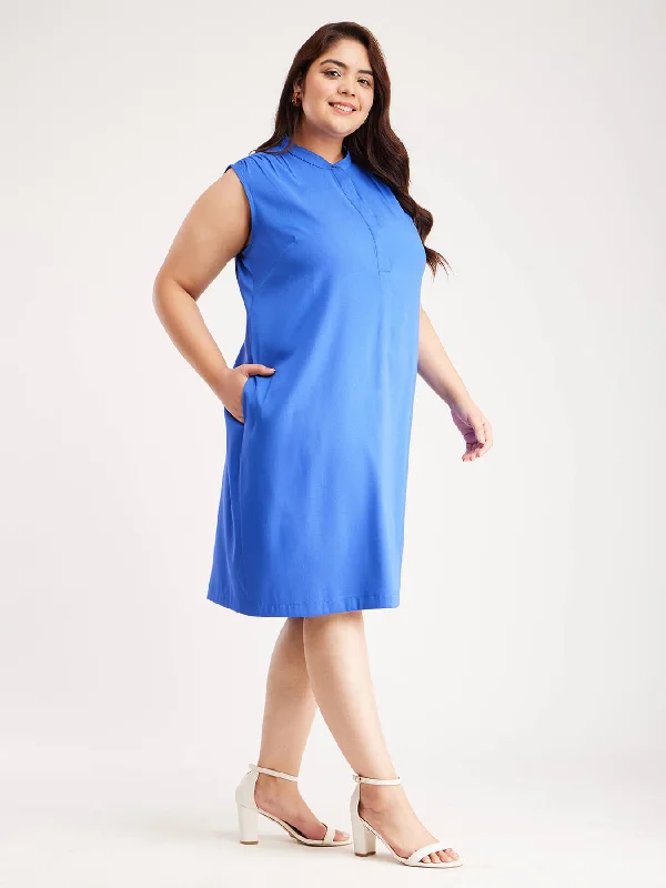Deal Zone Mandarin Collar Sleeveless Dress - Blue