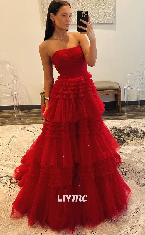 Special Promotion LP2054 - Straight Across Sleeveless A-Line Tulle Tiered Ball Gown Prom Dress