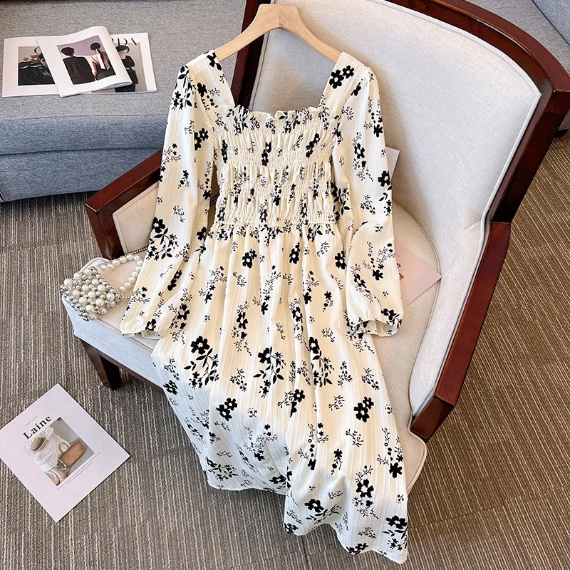 The Best Prices Plus Size Korean Frills Floral Long Sleeve Midi Dress