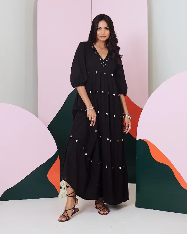 Sneak Peek Sale Piku Black Mirror Embroidered Tier Maxi Dress