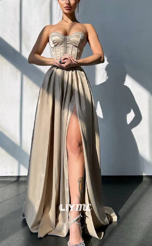 YEAR-End Sale LP2198 - Sweetheart Sleeveless Pleated High Slit A-Line Prom Dress