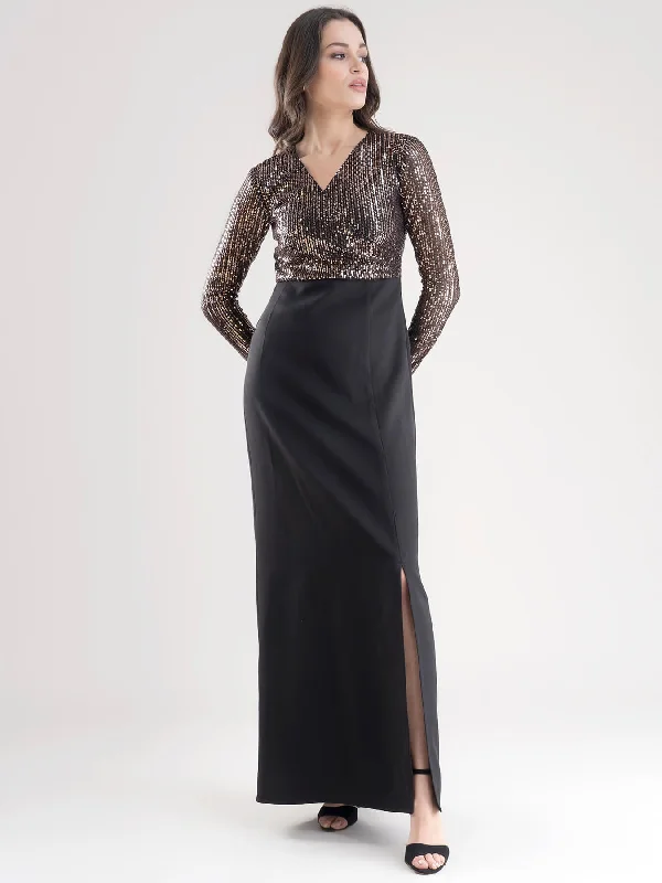 Early Bird Discount Golden Sequin Wrap Maxi Dress - Golden and Black