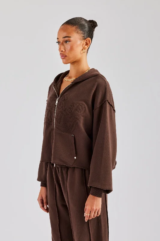 Crazy Deals Raw Edge Zip Through Hoodie - Chocolate