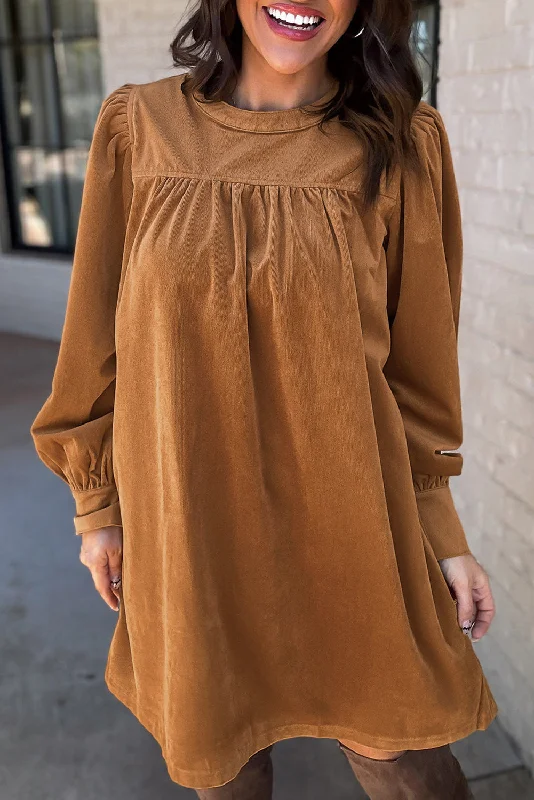 Lowest Price Desert Gold Corduroy Pleated Puff Sleeve Shift Short Dress