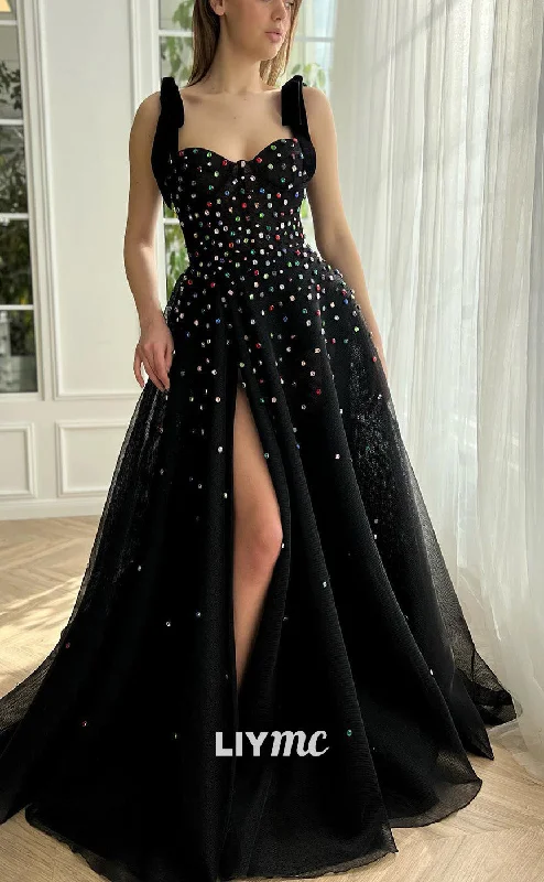 Online Specials LP2192 - V-Neck Sleeveless Beaded High Slit A-Line Prom Dress