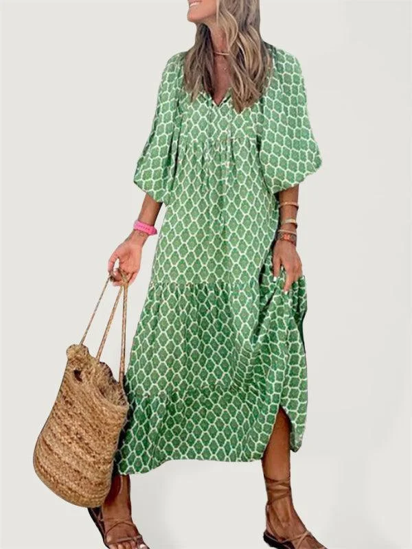 Big Discounts Geometric Puff-Sleeve Maxi Dress