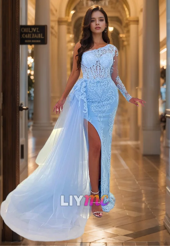 Daily Specials One Shoulder Long Sleeves Appliques Side Slit Sheath Prom Dress