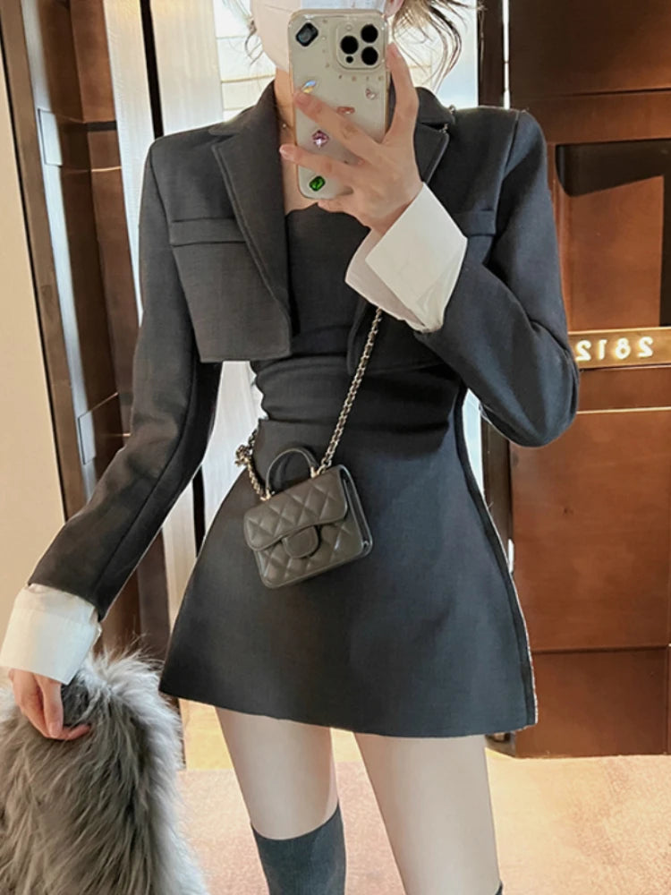 Znbbw Korean Two Piece Dress Set Women Casual Blazer Coat + Strap Dress Set Female Grey Slim Vintage Elegant Dress Suit 2024 New