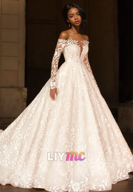 Discount Days Off-Shoulder Long Sleeves Appliques Pleated A-Line Wedding Dress