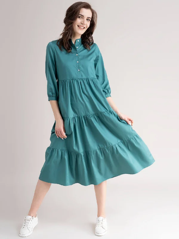 Now or Never Cotton Tiered dress- Teal