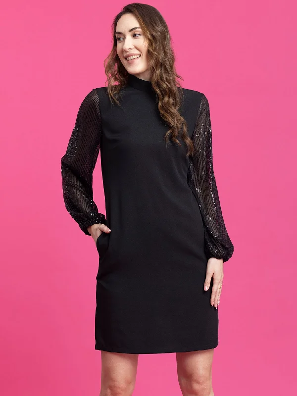 Deal Frenzy High Neck Sequin Sleeves Shift Dress - Black