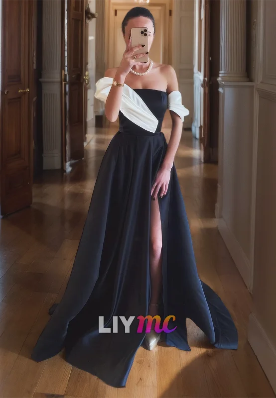Super Bargain LP1401 - Elegant Off-Shoulder Pleated Sleek Satin Side Slit A-Line Prom Dress