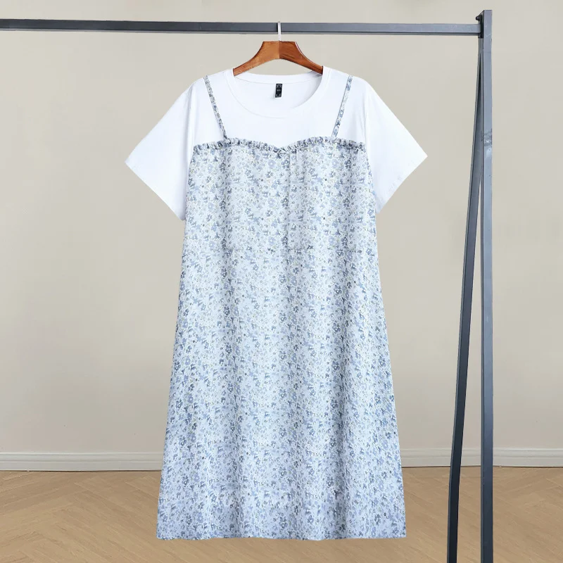 (4XL-10XL) Plus Size White Blue Floral Mock 2 Piece Short Sleeve Dress (EXTRA BIG SIZE)