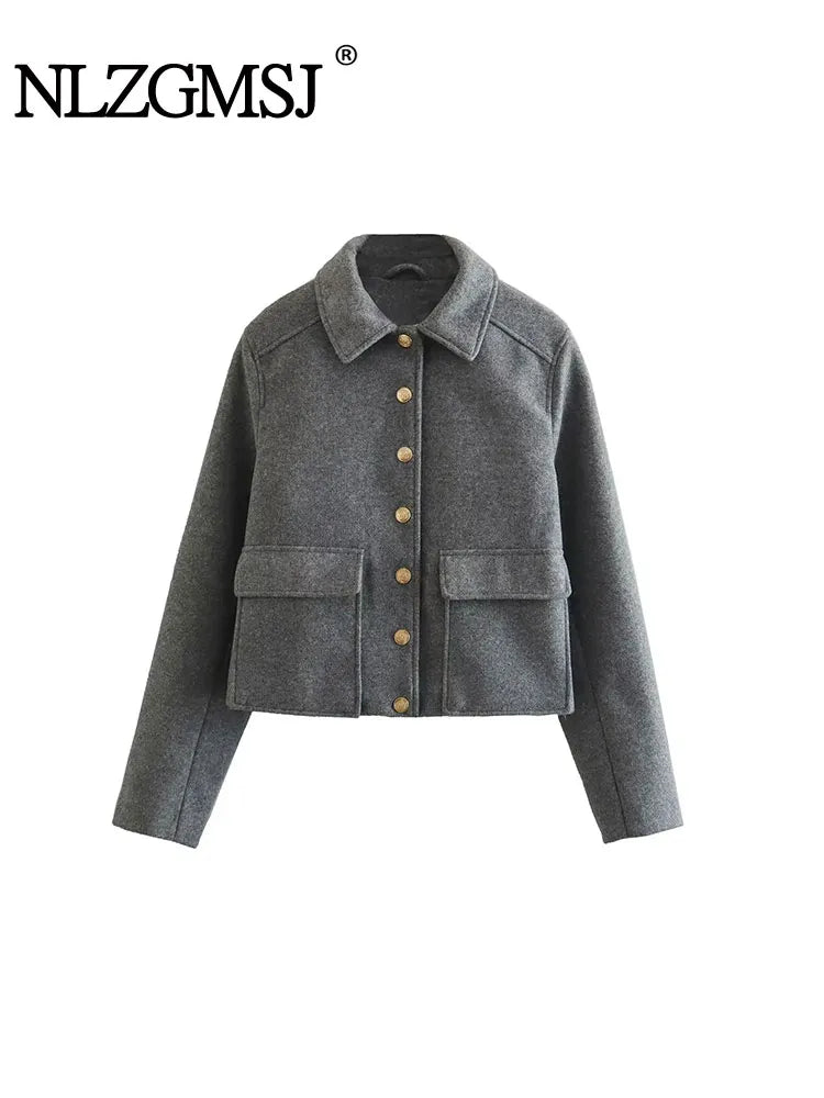 Price Fest Znbbw TRAF Grey Lapel Single Breated Coat Women Elegant Pockets Short Coat Spring Autumn Ladies Coats Price Fest Znbbw TRAF Grey Lapel Single Breated Coat Women Elegant Pockets Short Coat Spring Autumn Ladies Coats