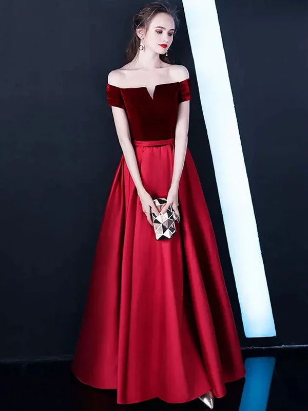 While Supplies Last Stunning Burgundy Evening Dresses Off The Shoulder Velvet Satin Formal Dress Notched Neck Floor Length Evening Gowns