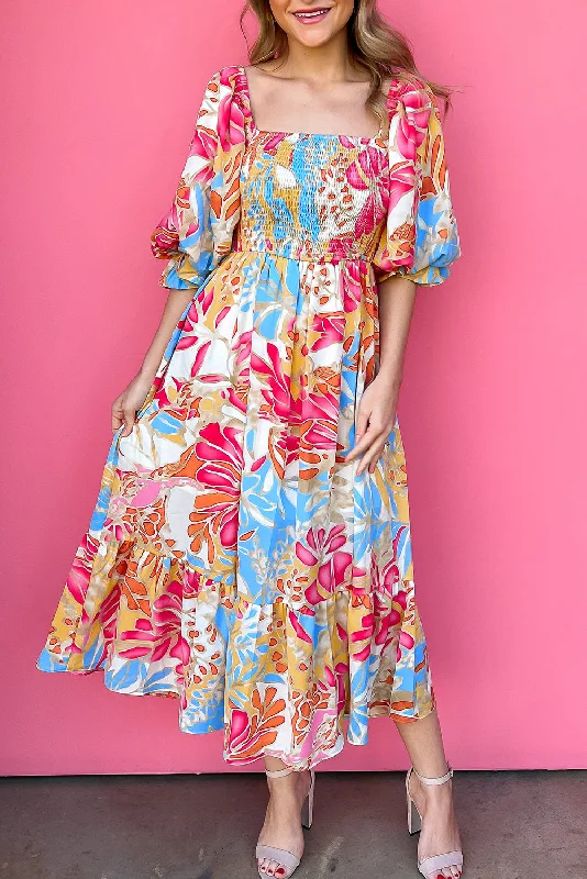 Limited Edition Rose Red Tropical Print Smocked Bodice Puff Sleeve Maxi Dress