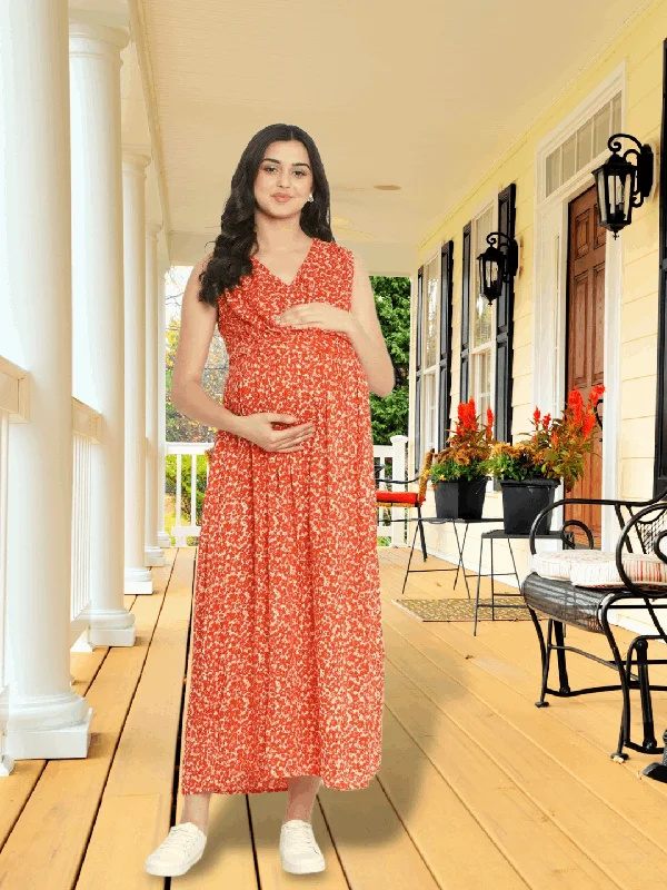 Shop and Save Orange A-Line Rayon Maternity Dress