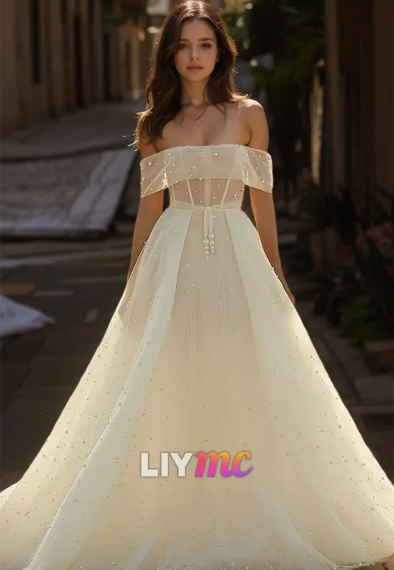 Reduced Prices Off-Shoulder Strapless Pearl Beaded Pleated A-Line Elegant Wedding Dress Reduced Prices Off-Shoulder Strapless Pearl Beaded Pleated A-Line Elegant Wedding Dress