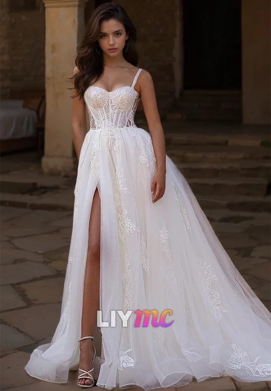 Price Smash Sweetheart Spaghetti Straps Appliques Tulle A-Line Wedding Dress