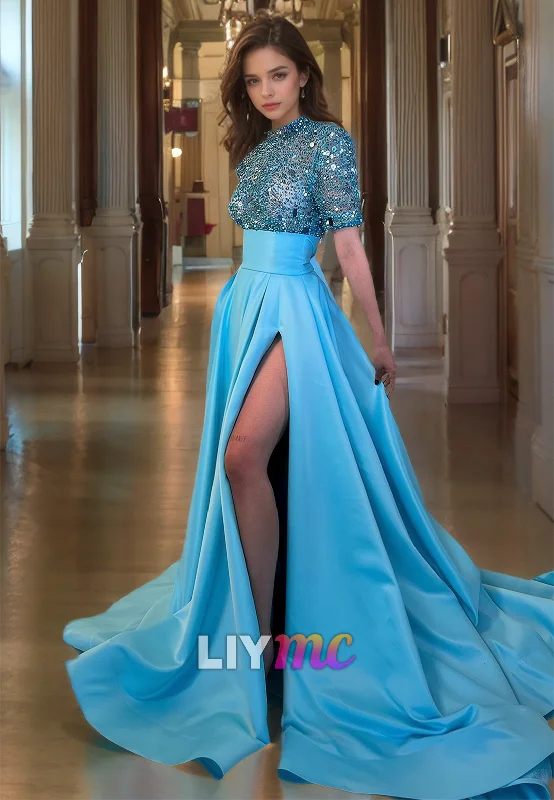 Unmissable Offer High Neck Short Sleeves Sequins Sparkly Pleated A-Line Prom Dress