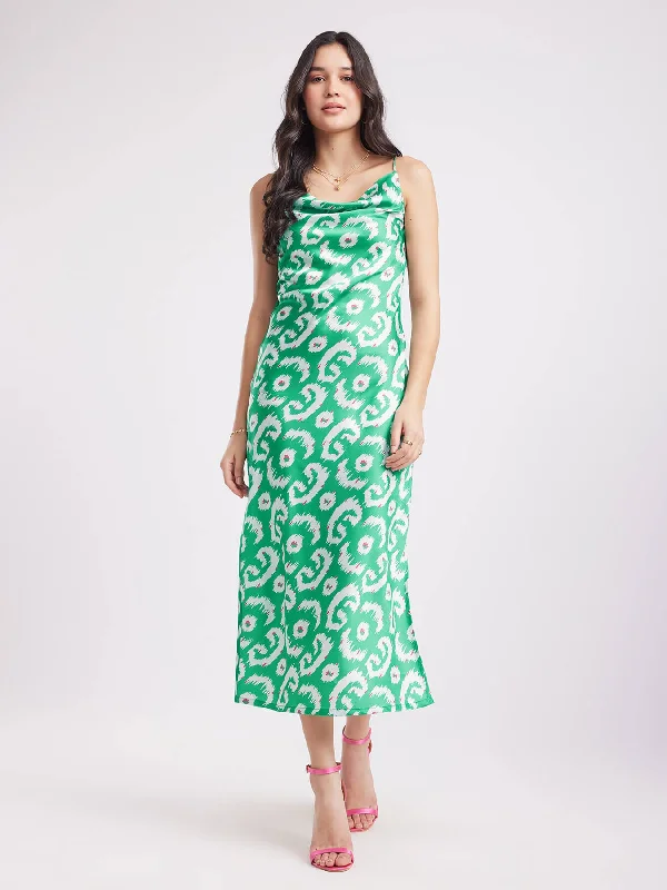 Discount Deals Satin Cowl Neck Dress - Green