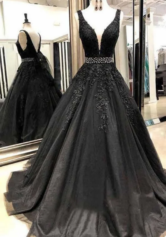 Limited Availability Black Appliques Prom Dress With Beaded Waist A Line Tulle Long Graduation Dresses Limited Availability Black Appliques Prom Dress With Beaded Waist A Line Tulle Long Graduation Dresses