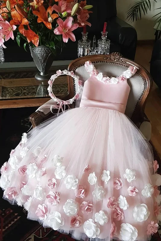 Factory Direct Sale A Line Round Neck Pink Hand Made Flowers Flower Girl Dresses, Tulle Wedding Party Dresses, Srs15019