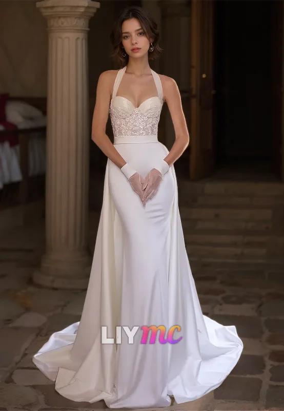 Quick Sale Halter Sleeveless Appliques Mermaid Removable Train Wedding Dress