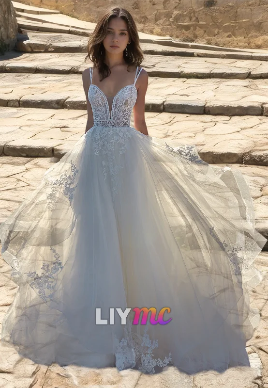 Special Savings V-Neck Spaghetti Straps Appliques Tulle A-Line Wedding Dress