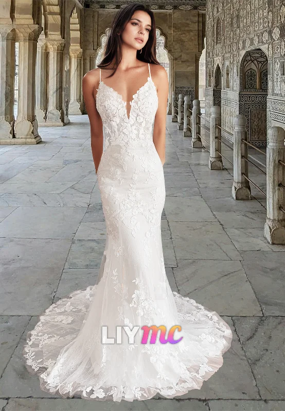 LW914 - V-Neck Sleeveless Appliques Mermaid Beach Wedding Dress