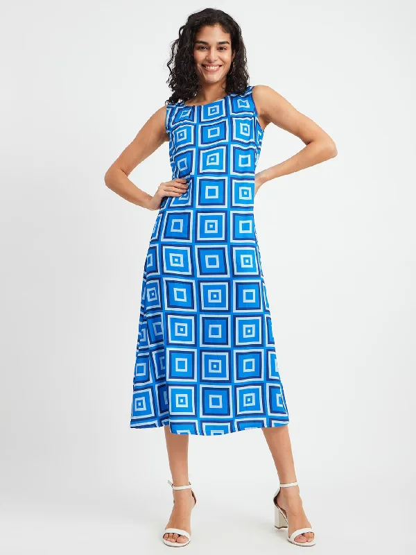 Exclusive Savings Boat Neck A-Line Dress - Blue And Black