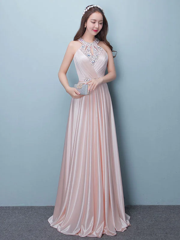 YEAR-End Clearance Stunning Evening Dresses Long Soft Pink Satin Evening Dress Halter Beading Pleated Floor Length Formal Party Dress