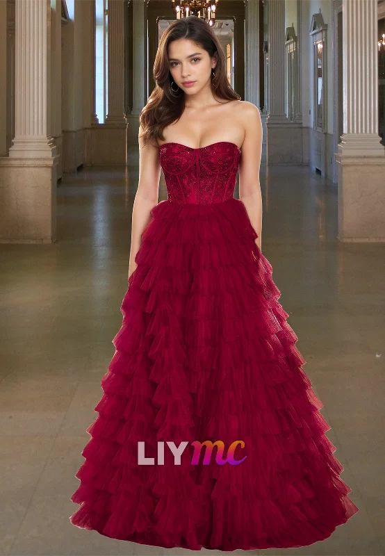 Lowest Price Sweetheart Spaghetti Straps Appliques Tiered Tulle A-Line Prom Dress