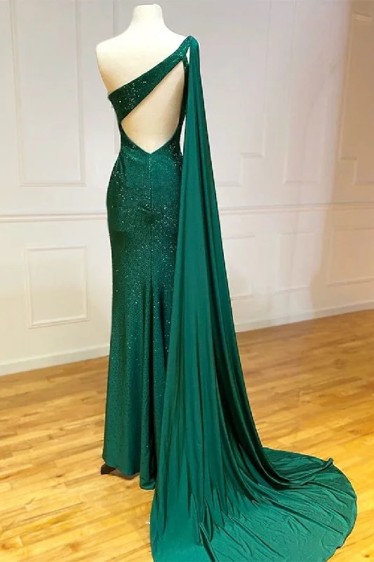 Best Seller Elegant One Shoulder Emerald Green Long Prom Dress With Shawl