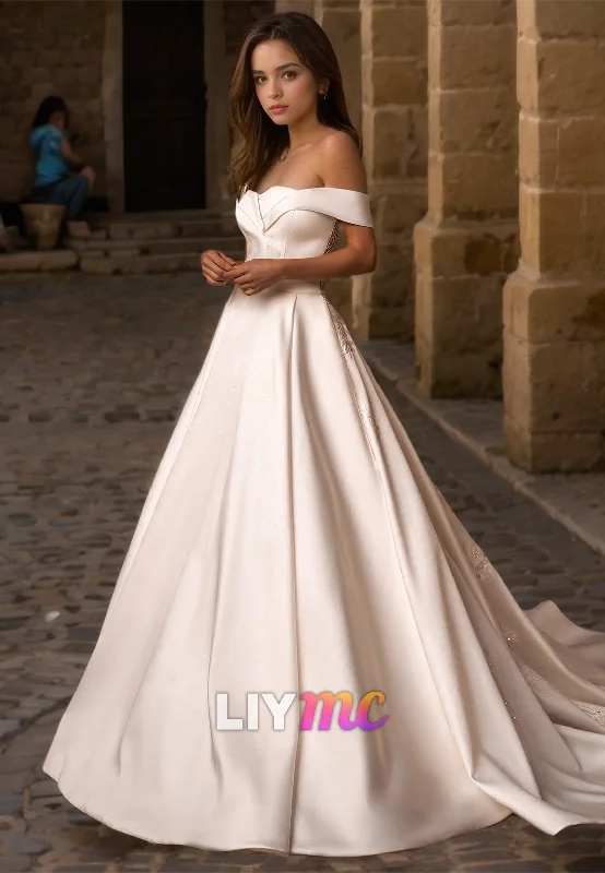 Big Discounts Off-Shoulder Strapless Pleated Sleek Satin A-Line Classic Wedding Dress Big Discounts Off-Shoulder Strapless Pleated Sleek Satin A-Line Classic Wedding Dress