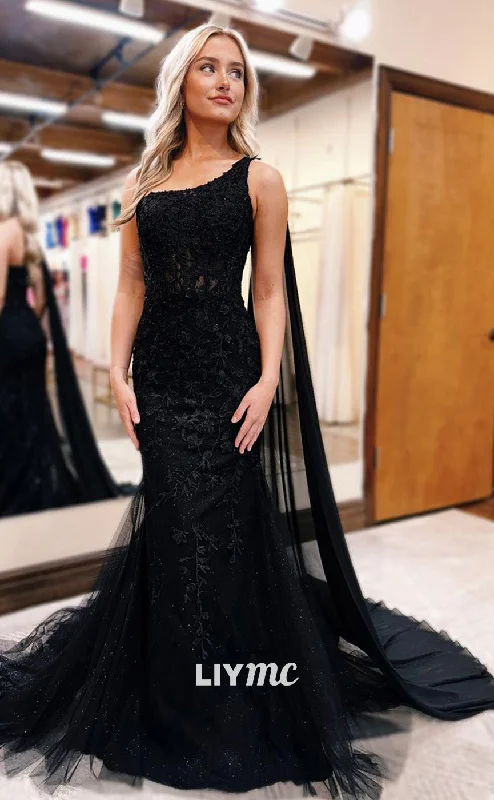 Price Drop Alert LP1971 - Asymmetrical Lace Appliques Tulle Mermaid Prom Dress