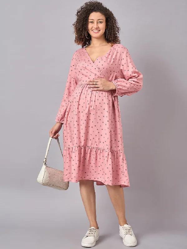 Super Bargain Pink Floral Printed Maternity and Nursing Dress with Side Wrap