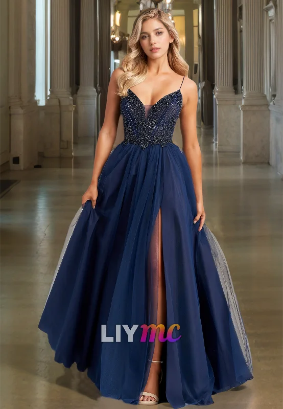 Holiday Sale V-Neck Spaghetti Straps Beaded Pleated A-Line Prom Dress