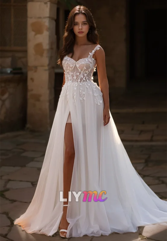 New Deals Sweetheart Spaghetti Straps Appliques Tulle A-Line Wedding Dress